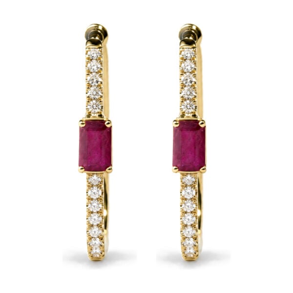 10K Yellow Gold 1/5 Cttw Diamond and Emerald-Cut Ruby Station Hoop Earrings - alternate view 2