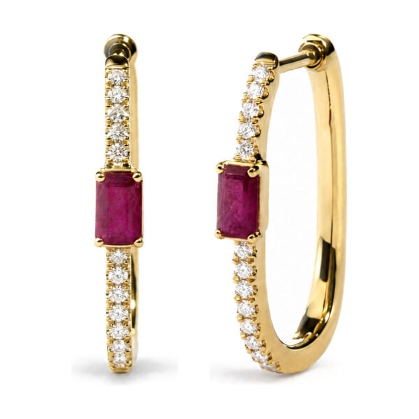 10K Yellow Gold 1/5 Cttw Diamond and Emerald-Cut Ruby Station Hoop Earrings