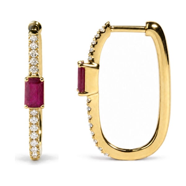 10K Yellow Gold 1/5 Cttw Diamond and Emerald-Cut Ruby Station Hoop Earrings - alternate view 3