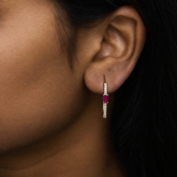 10K Yellow Gold 1/5 Cttw Diamond and Emerald-Cut Ruby Station Hoop Earrings - alternate view 5