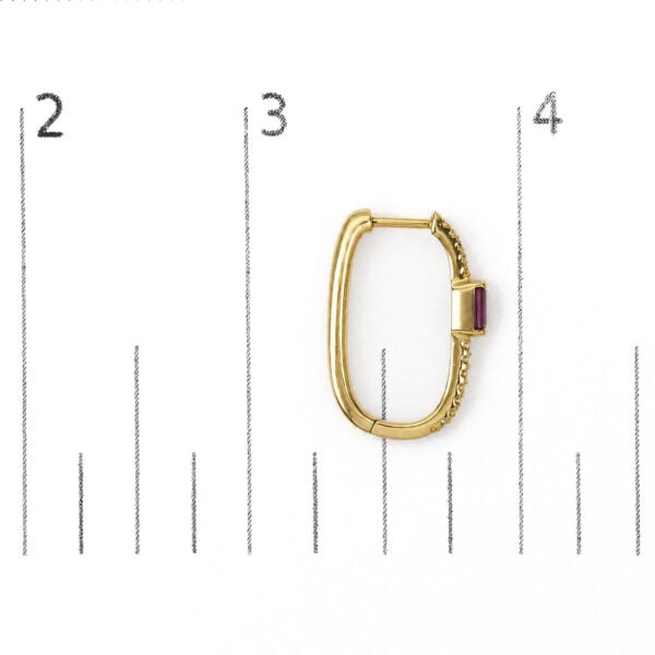 10K Yellow Gold 1/5 Cttw Diamond and Emerald-Cut Ruby Station Hoop Earrings - alternate view 4