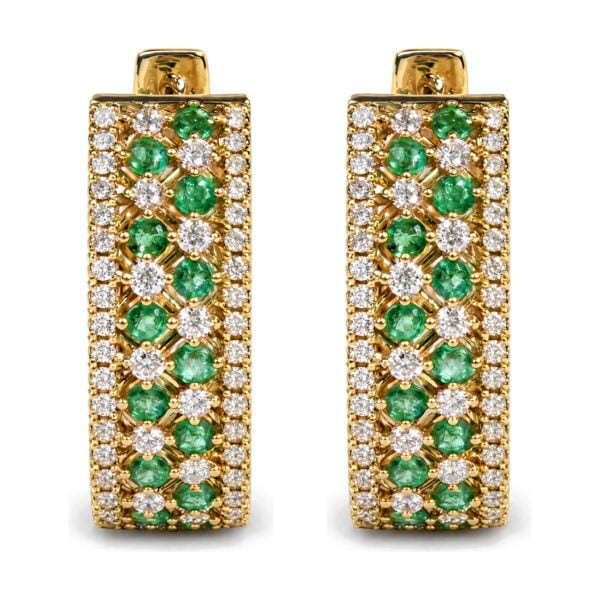14K Yellow Gold 1.0 Cttw Diamond and Emerald Multi-Row Huggie Hoop Earrings - alternate view 2