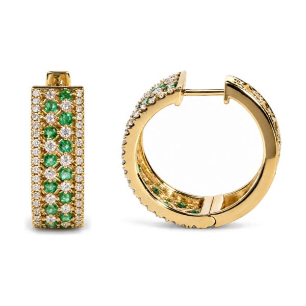 14K Yellow Gold 1.0 Cttw Diamond and Emerald Multi-Row Huggie Hoop Earrings - alternate view 3