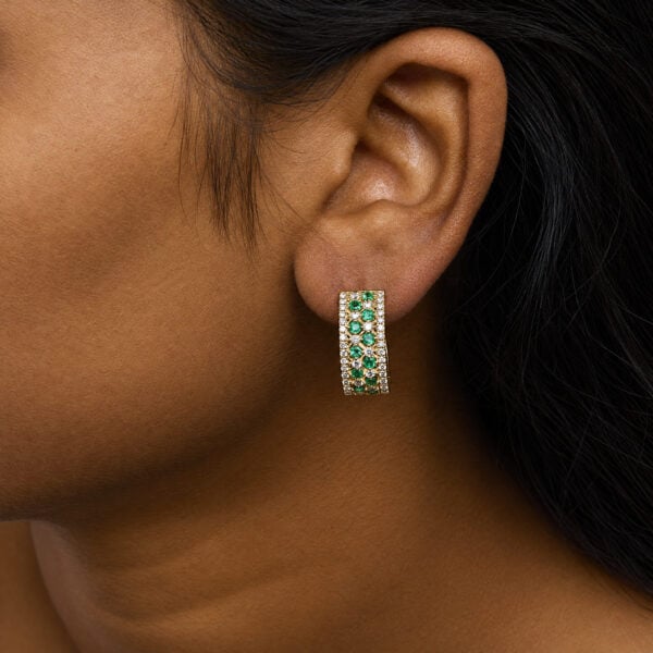 14K Yellow Gold 1.0 Cttw Diamond and Emerald Multi-Row Huggie Hoop Earrings - alternate view 5