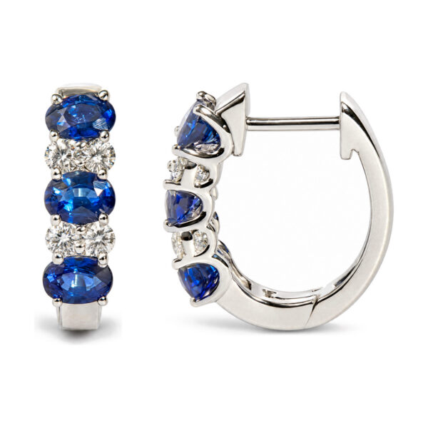 10K White Gold 1/4 Cttw Diamond and Oval Blue Sapphire Alternating Huggie Hoop Earrings - alternate view 3
