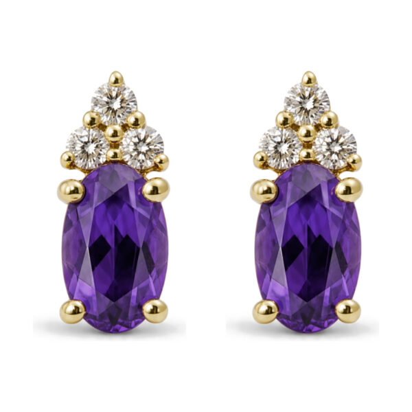 10K Yellow Gold Purple Amethyst and Diamond Trio Stud Earrings