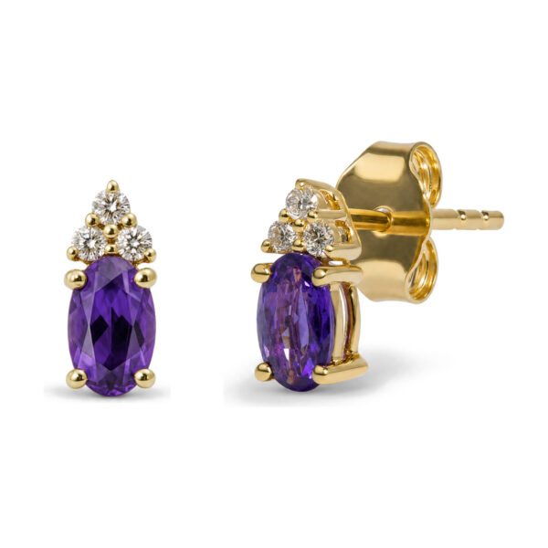 10K Yellow Gold Purple Amethyst and Diamond Trio Stud Earrings - alternate view 2