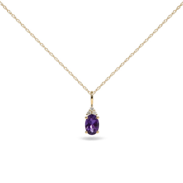 10K Yellow Gold Oval Purple Amethyst Trio Diamond Accent Drop Pendant Necklace