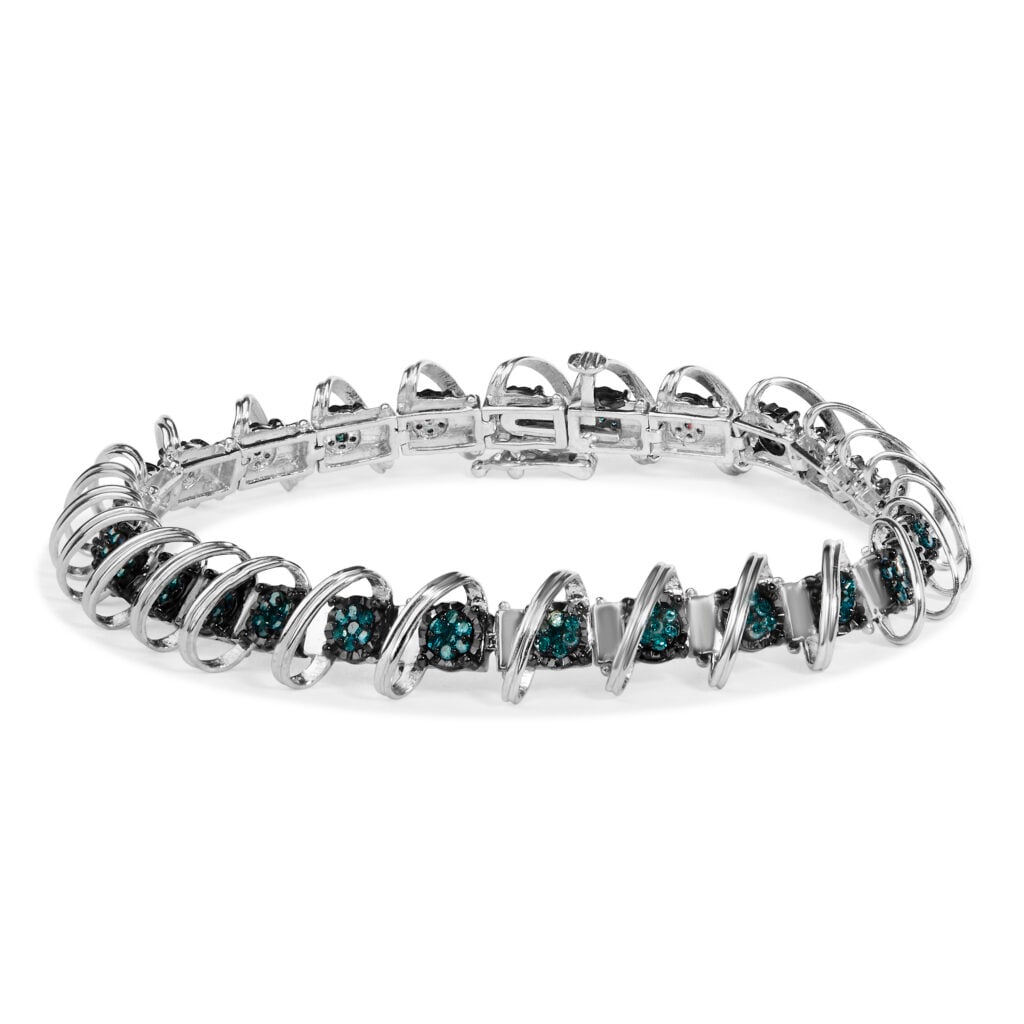 .925 Sterling Silver 3/4 Cttw Blue Diamond Illusion Plate Looped Link Bracelet