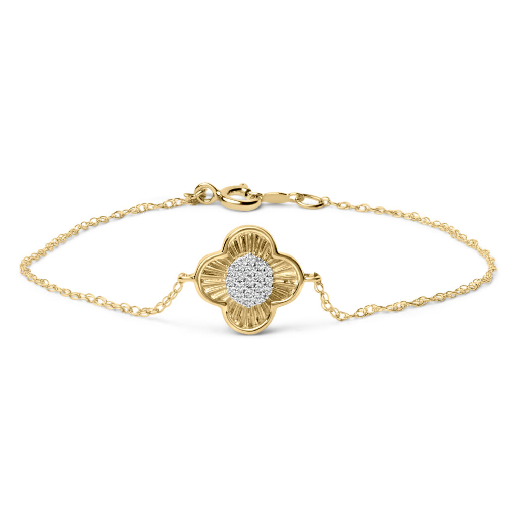 14K Yellow Gold Plated .925 Sterling Silver 1/10 Cttw Diamond Clover Bracelet