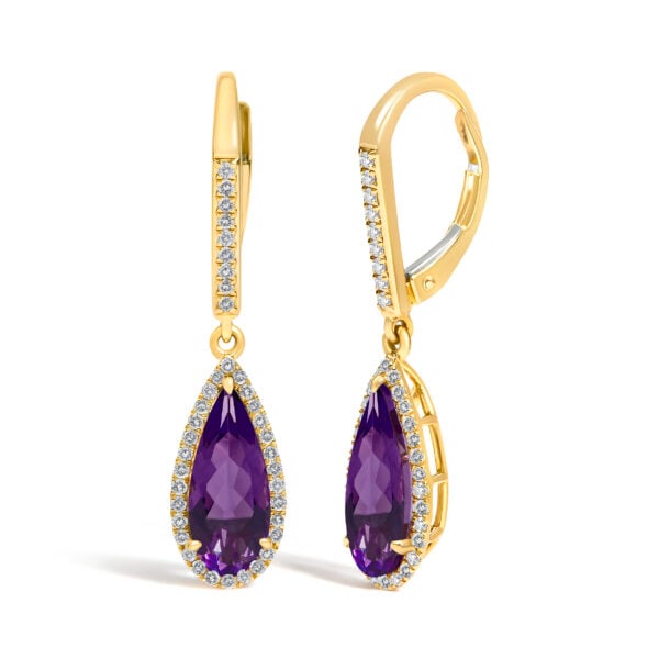 10K Yellow Gold Pear-Shaped Purple Amethyst and 1/3 Cttw Diamond Halo Leverback Drop Earrings - alternate view 2