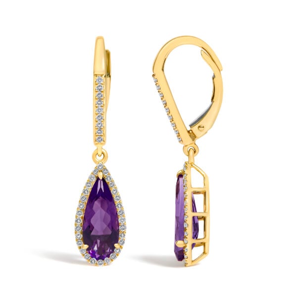 10K Yellow Gold Pear-Shaped Purple Amethyst and 1/3 Cttw Diamond Halo Leverback Drop Earrings - alternate view 3