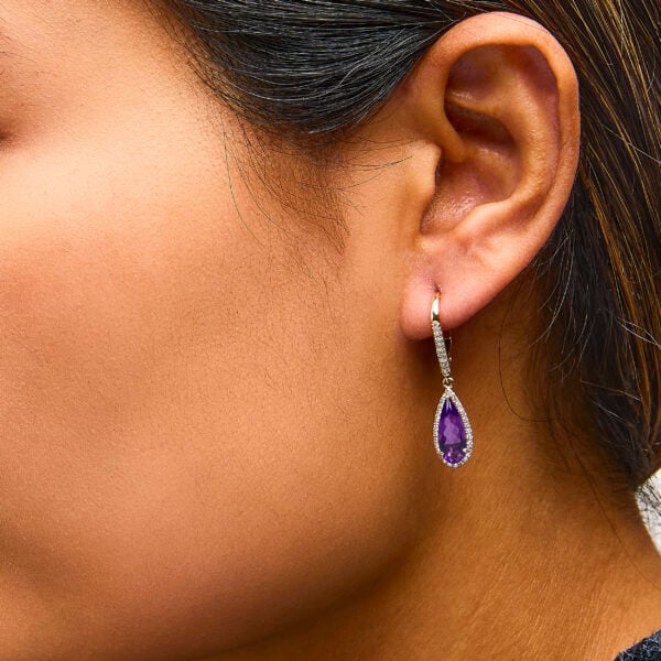 10K Yellow Gold Pear-Shaped Purple Amethyst and 1/3 Cttw Diamond Halo Leverback Drop Earrings - alternate view 5