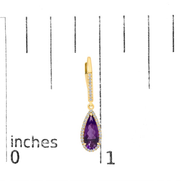 10K Yellow Gold Pear-Shaped Purple Amethyst and 1/3 Cttw Diamond Halo Leverback Drop Earrings - alternate view 4