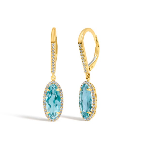 10K Yellow Gold Oval Blue Topaz and 1/3 Cttw Diamond Halo Leverback Drop Earrings - alternate view 2
