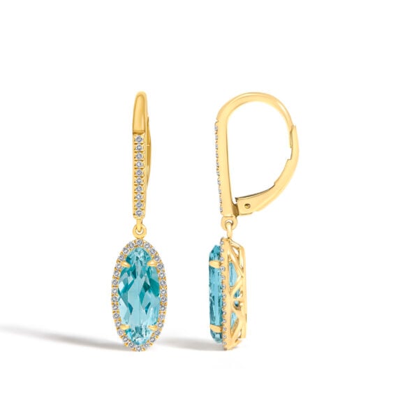10K Yellow Gold Oval Blue Topaz and 1/3 Cttw Diamond Halo Leverback Drop Earrings - alternate view 3