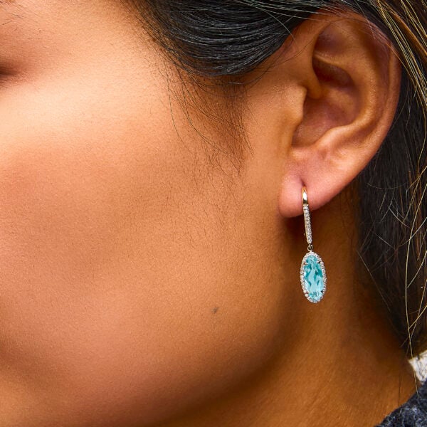 10K Yellow Gold Oval Blue Topaz and 1/3 Cttw Diamond Halo Leverback Drop Earrings - alternate view 5