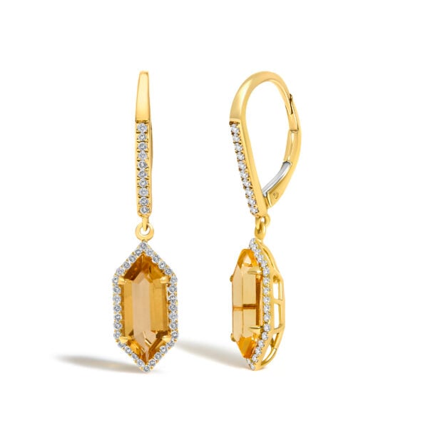 10K Yellow Gold Hexagon Citrine and 1/3 Cttw Diamond Halo Leverback Drop Earrings - alternate view 2