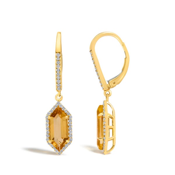 10K Yellow Gold Hexagon Citrine and 1/3 Cttw Diamond Halo Leverback Drop Earrings - alternate view 3