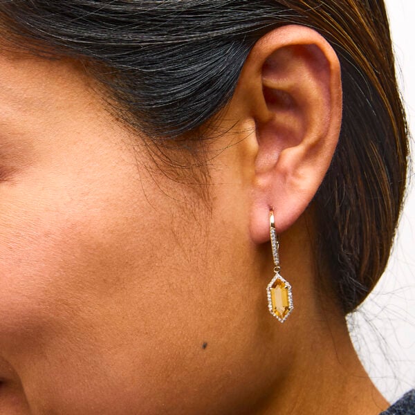 10K Yellow Gold Hexagon Citrine and 1/3 Cttw Diamond Halo Leverback Drop Earrings - alternate view 5