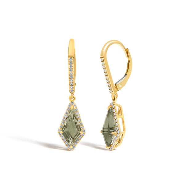 10K Yellow Gold Kite-Shaped Green Prasiolite and 1/3 Cttw Diamond Halo Drop Earrings - alternate view 2