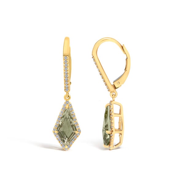 10K Yellow Gold Kite-Shaped Green Prasiolite and 1/3 Cttw Diamond Halo Drop Earrings - alternate view 3