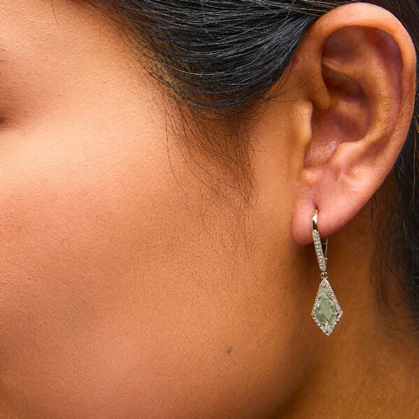 10K Yellow Gold Kite-Shaped Green Prasiolite and 1/3 Cttw Diamond Halo Drop Earrings - alternate view 5