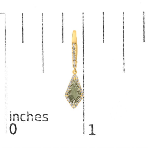 10K Yellow Gold Kite-Shaped Green Prasiolite and 1/3 Cttw Diamond Halo Drop Earrings - alternate view 4