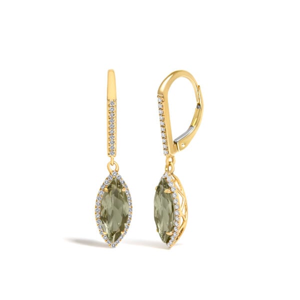 10K Yellow Gold Marquise Green Prasiolite and 1/3 Cttw Diamond Halo Leverback Drop Earrings - alternate view 2