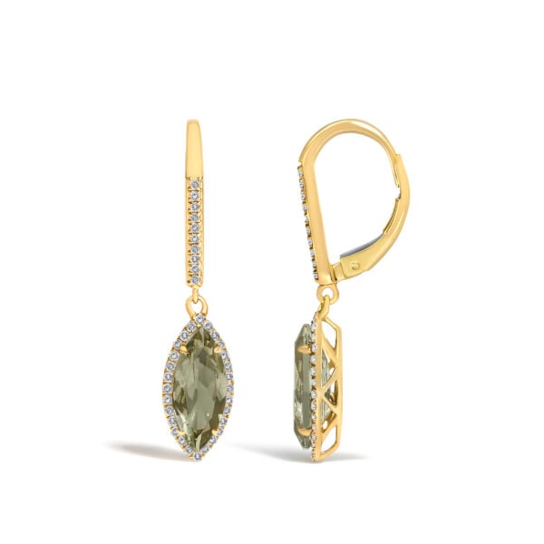 10K Yellow Gold Marquise Green Prasiolite and 1/3 Cttw Diamond Halo Leverback Drop Earrings - alternate view 3