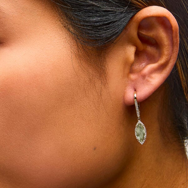 10K Yellow Gold Marquise Green Prasiolite and 1/3 Cttw Diamond Halo Leverback Drop Earrings - alternate view 5