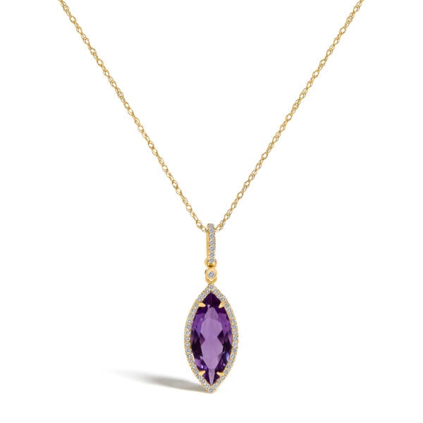 10K Yellow Gold Marquise Purple Amethyst and 1/5 Cttw Diamond Halo Pendant Necklace