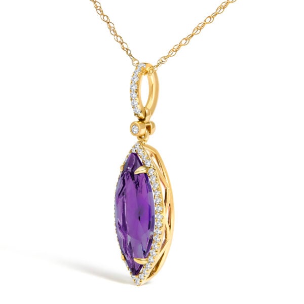 10K Yellow Gold Marquise Purple Amethyst and 1/5 Cttw Diamond Halo Pendant Necklace - alternate view 3