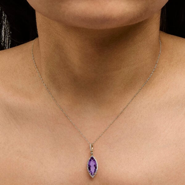 10K Yellow Gold Marquise Purple Amethyst and 1/5 Cttw Diamond Halo Pendant Necklace - alternate view 5