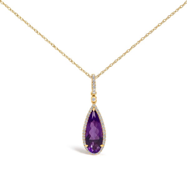 10K Yellow Gold Pear-Cut Purple Amethyst and 1/5 Cttw Diamond Halo Pendant Necklace