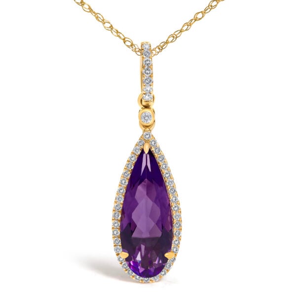 10K Yellow Gold Pear-Cut Purple Amethyst and 1/5 Cttw Diamond Halo Pendant Necklace - alternate view 2