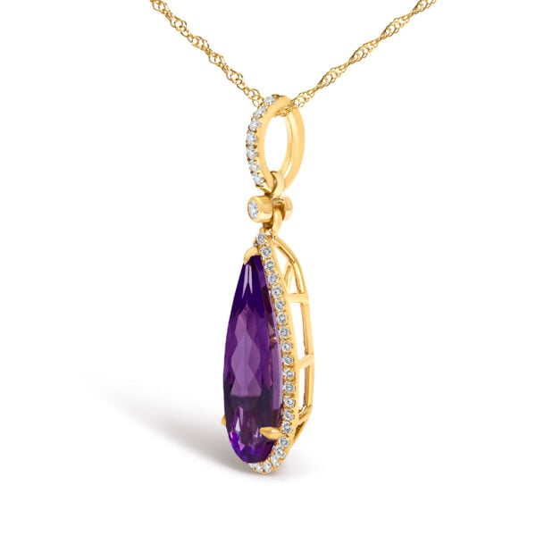 10K Yellow Gold Pear-Cut Purple Amethyst and 1/5 Cttw Diamond Halo Pendant Necklace - alternate view 3