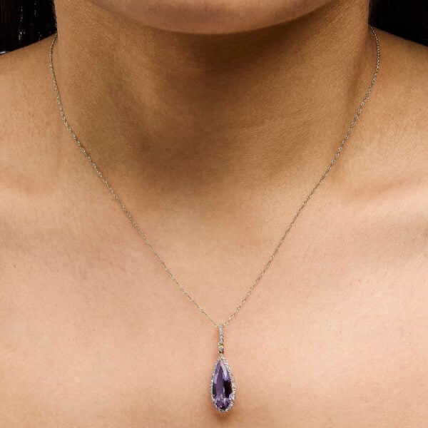 10K Yellow Gold Pear-Cut Purple Amethyst and 1/5 Cttw Diamond Halo Pendant Necklace - alternate view 5