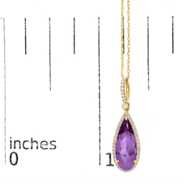 10K Yellow Gold Pear-Cut Purple Amethyst and 1/5 Cttw Diamond Halo Pendant Necklace - alternate view 4