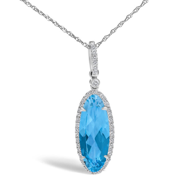 10K White Gold Blue Topaz Oval 1/5 Cttw Diamond Pendant Necklace - alternate view 2