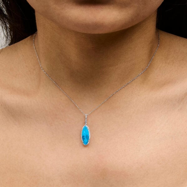10K White Gold Blue Topaz Oval 1/5 Cttw Diamond Pendant Necklace - alternate view 5