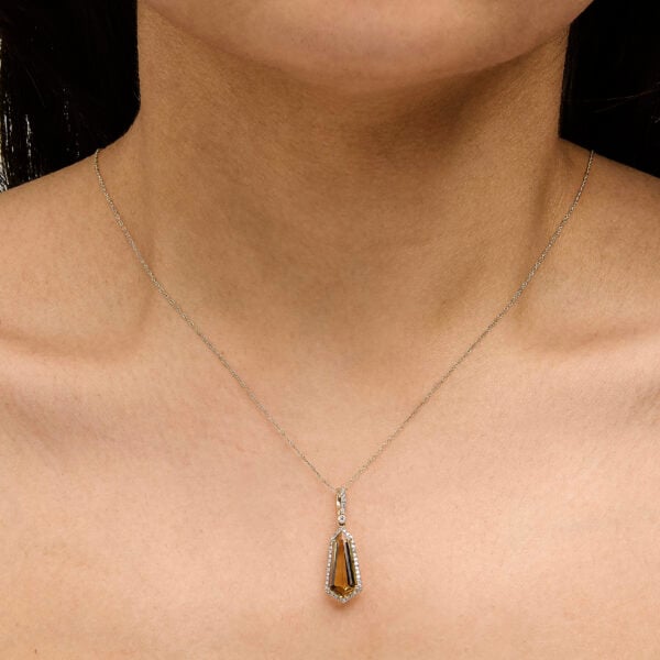 10K Yellow Gold Shield-Shaped Citrine and 1/5 Cttw Diamond Halo Pendant Necklace - alternate view 5