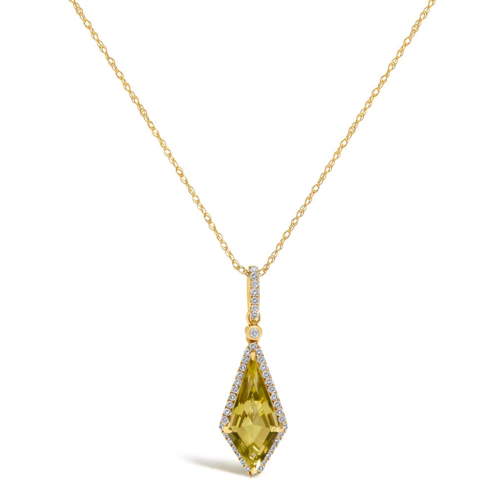 10K Yellow Gold Kite-Shaped Lemon Quartz and 1/5 Cttw Diamond Halo Pendant Necklace