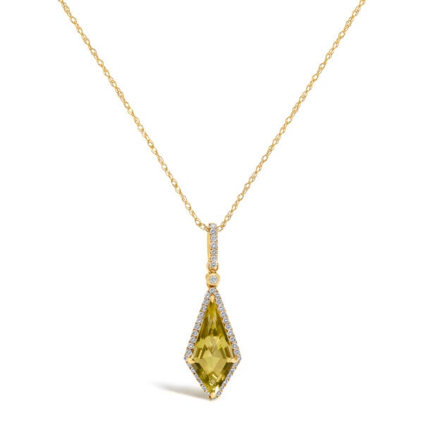 10K Yellow Gold Kite-Shaped Lemon Quartz and 1/5 Cttw Diamond Halo Pendant Necklace