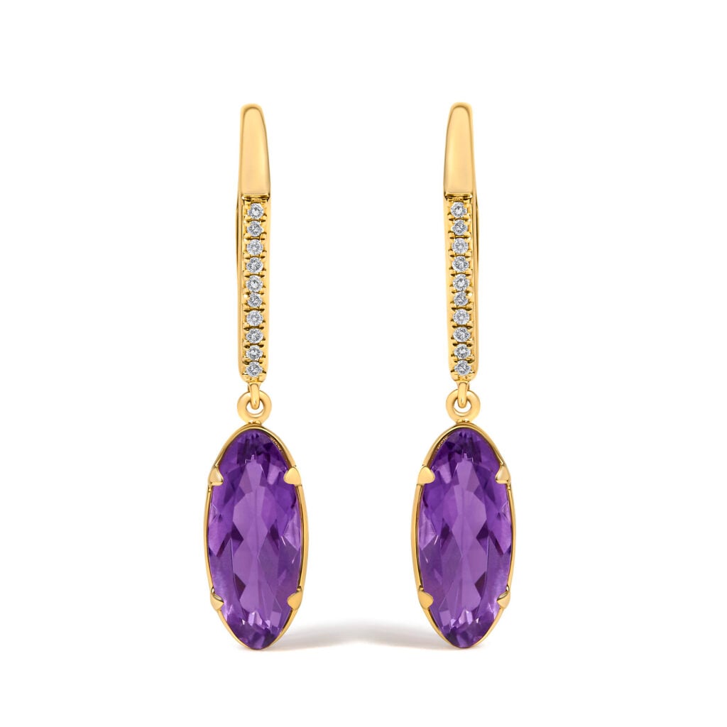 10K Yellow Gold Oval Purple Amethyst and 1/10 Cttw Diamond Leverback Drop Earrings