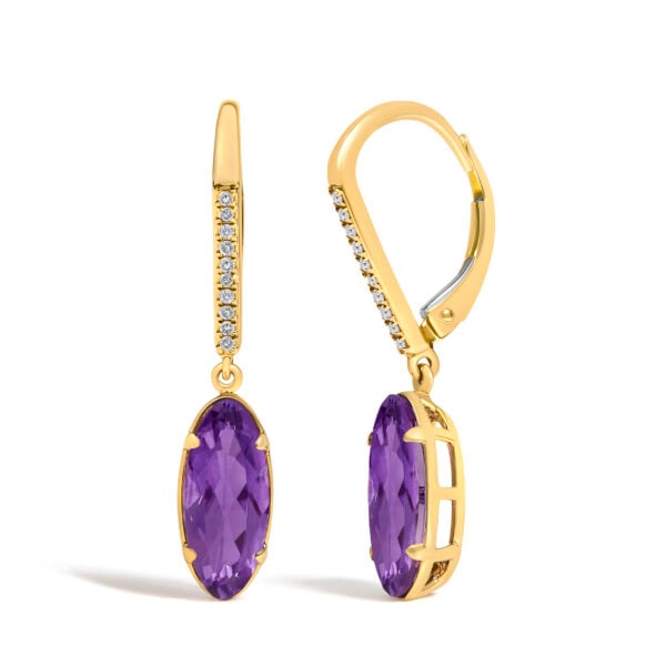 10K Yellow Gold Oval Purple Amethyst and 1/10 Cttw Diamond Leverback Drop Earrings - alternate view 2