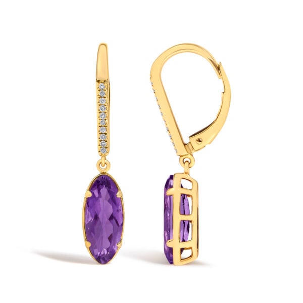 10K Yellow Gold Oval Purple Amethyst and 1/10 Cttw Diamond Leverback Drop Earrings - alternate view 3