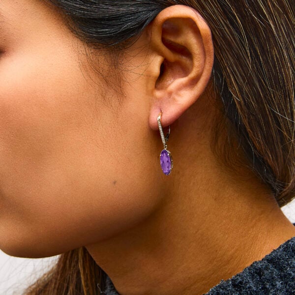 10K Yellow Gold Oval Purple Amethyst and 1/10 Cttw Diamond Leverback Drop Earrings - alternate view 5