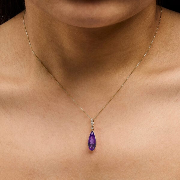 10K Yellow Gold Pear-Shaped Purple Amethyst and Diamond Accent Drop Pendant Necklace - alternate view 5