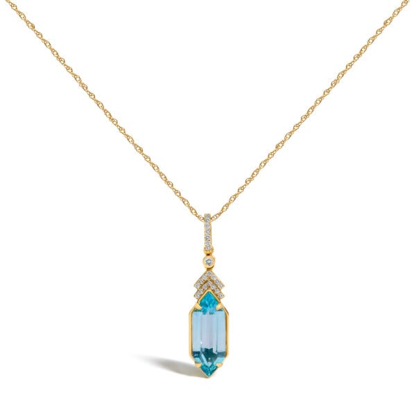 10K Yellow Gold Hexagon Blue Topaz and 1/10 Cttw Diamond Chevron Pendant Necklace